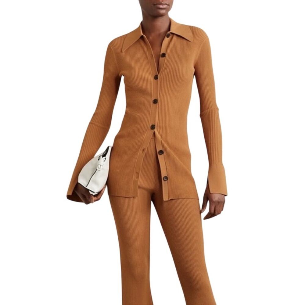 A.L.C. Eleanor Ribbed Knit Collared Cardigan Bootcut Pants Brown Women's Size S